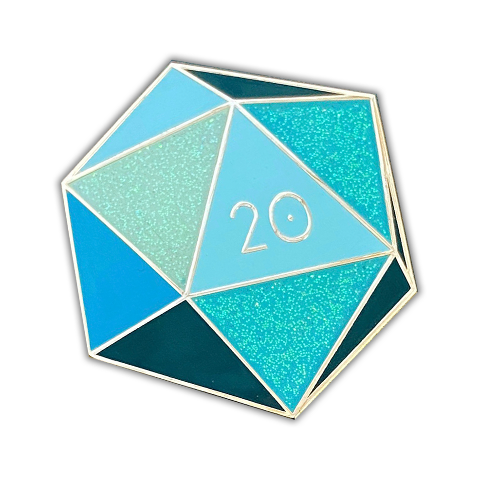 Aquamarine d20 - March birthstone - D&D/RPG enamel pin