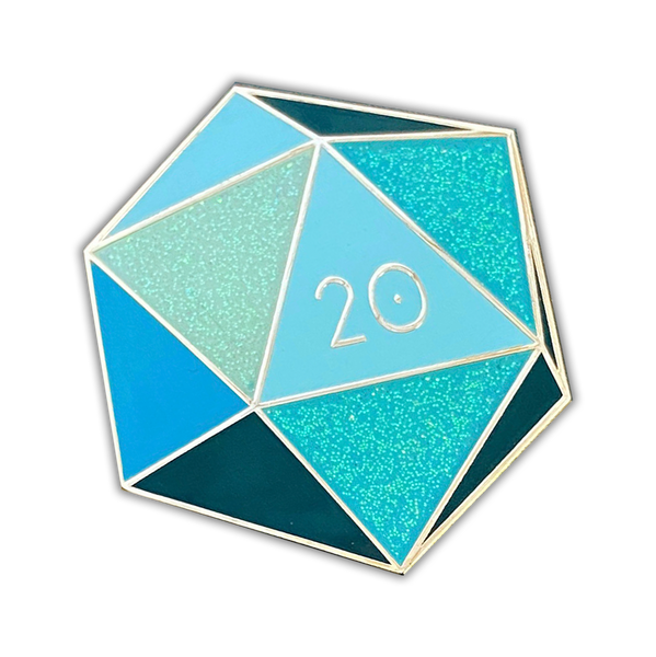 Aquamarine d20 - March birthstone - D&D/RPG enamel pin