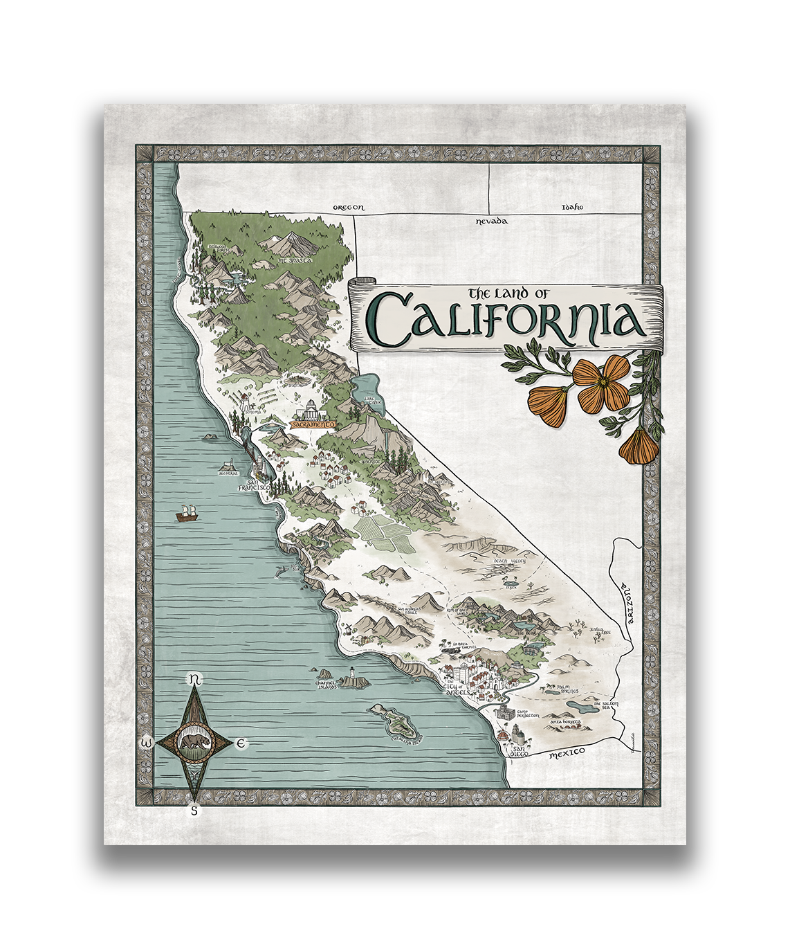 California Map - Hand-drawn fantasy map of California - 11x14  or 16x20 print