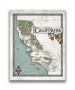 California Map - Hand-drawn fantasy map of California - 11x14  or 16x20 print