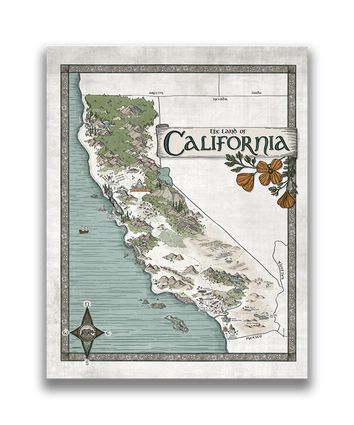 California Map - Hand-drawn fantasy map of California - 11x14  or 16x20 print