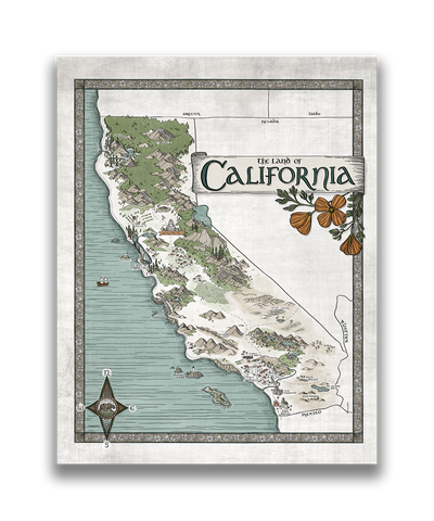 California Map - Hand-drawn fantasy map of California - 11x14  or 16x20 print