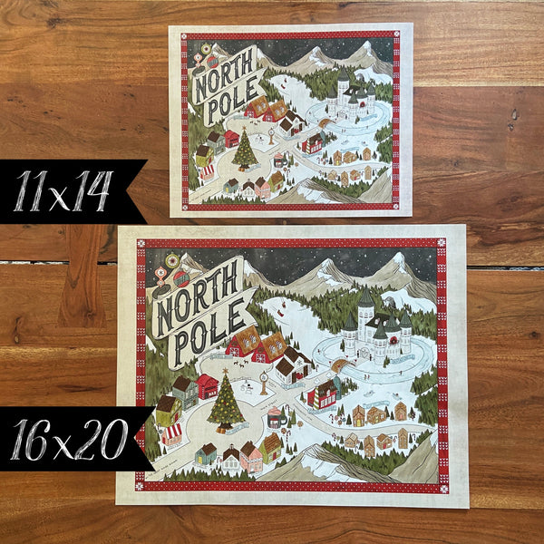 North Pole Fantasy Map - Hand-drawn fantasy map of the North Pole - 11x14  or 16x20 print