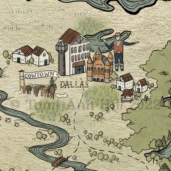 Texas Map - Hand-drawn fantasy map of Texas - 11x14  or 16x20 print