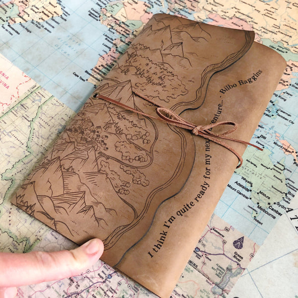 Fantasy Map Engraved Leather A5 Notebook Cover - refillable -