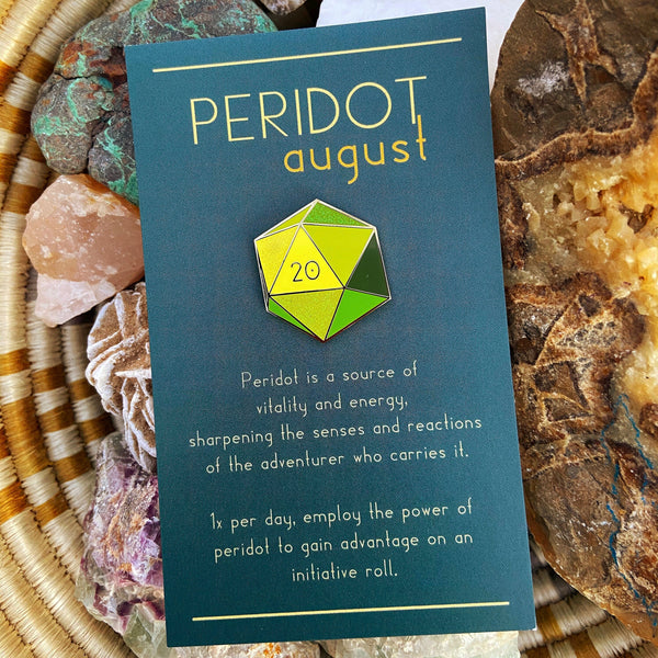 Peridot d20 - August birthstone - D&D/RPG enamel pin