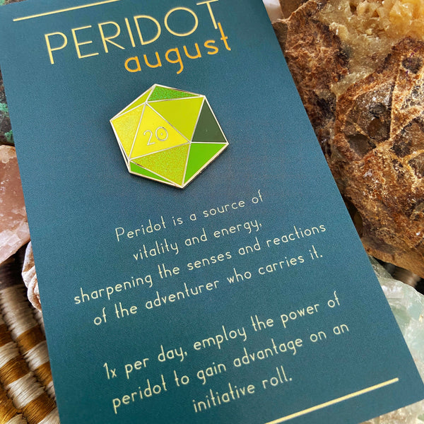 Peridot d20 - August birthstone - D&D/RPG enamel pin