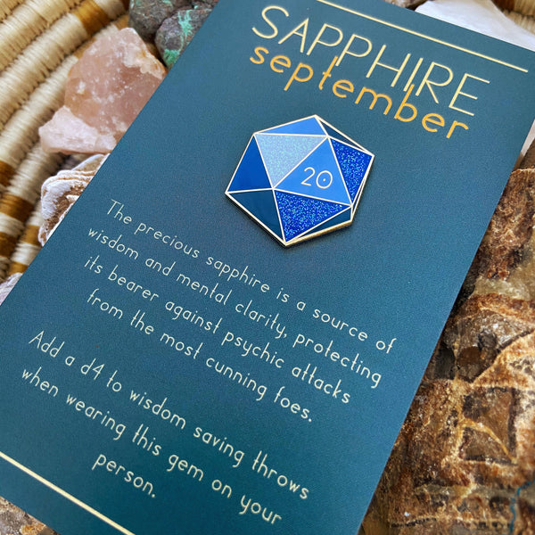 Sapphire d20 - September birthstone - D&D/RPG enamel pin