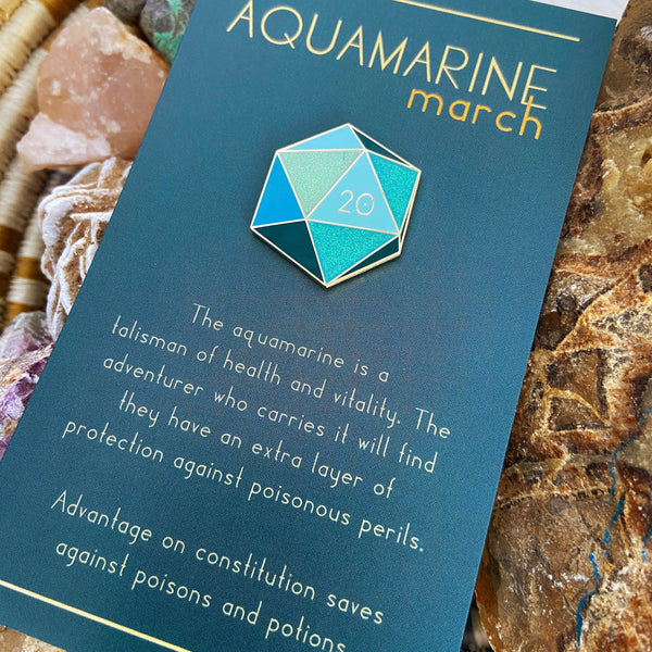 Aquamarine d20 - March birthstone - D&D/RPG enamel pin