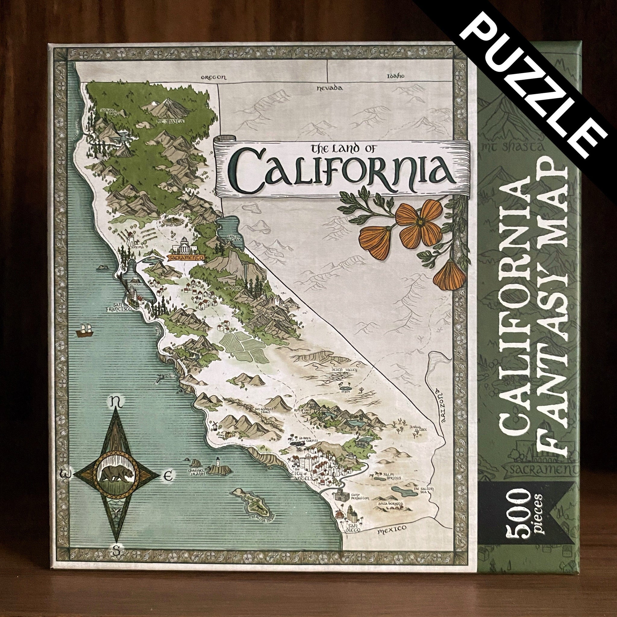 Image shows a 500 piece puzzle with a hand-drawn fantasy-style map of California