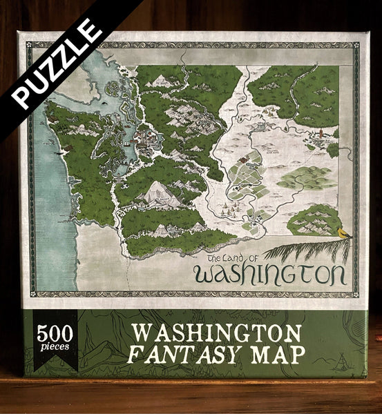 Image shows a 500 piece puzzle with a hand-drawn fantasy-style map of Washington