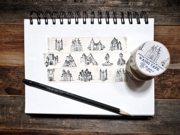 Washi tape with detailed hand-drawn castles and towers in a fantasy map style