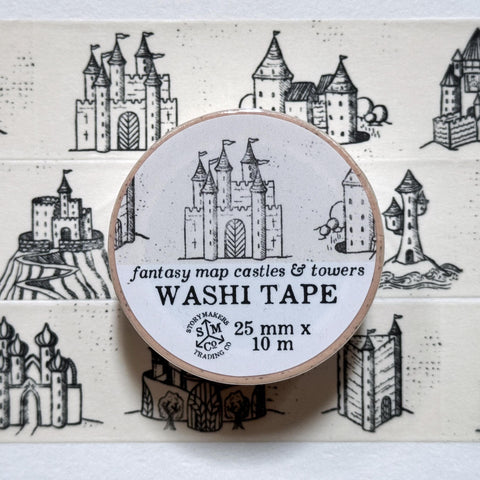 Washi tape with detailed hand-drawn castles and towers in a fantasy map style