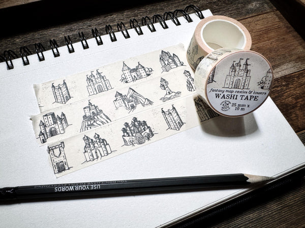 Washi tape with detailed hand-drawn castles and towers in a fantasy map style