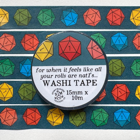 Washi tape with a collection of brightly colored d20 dice, all showing 1.