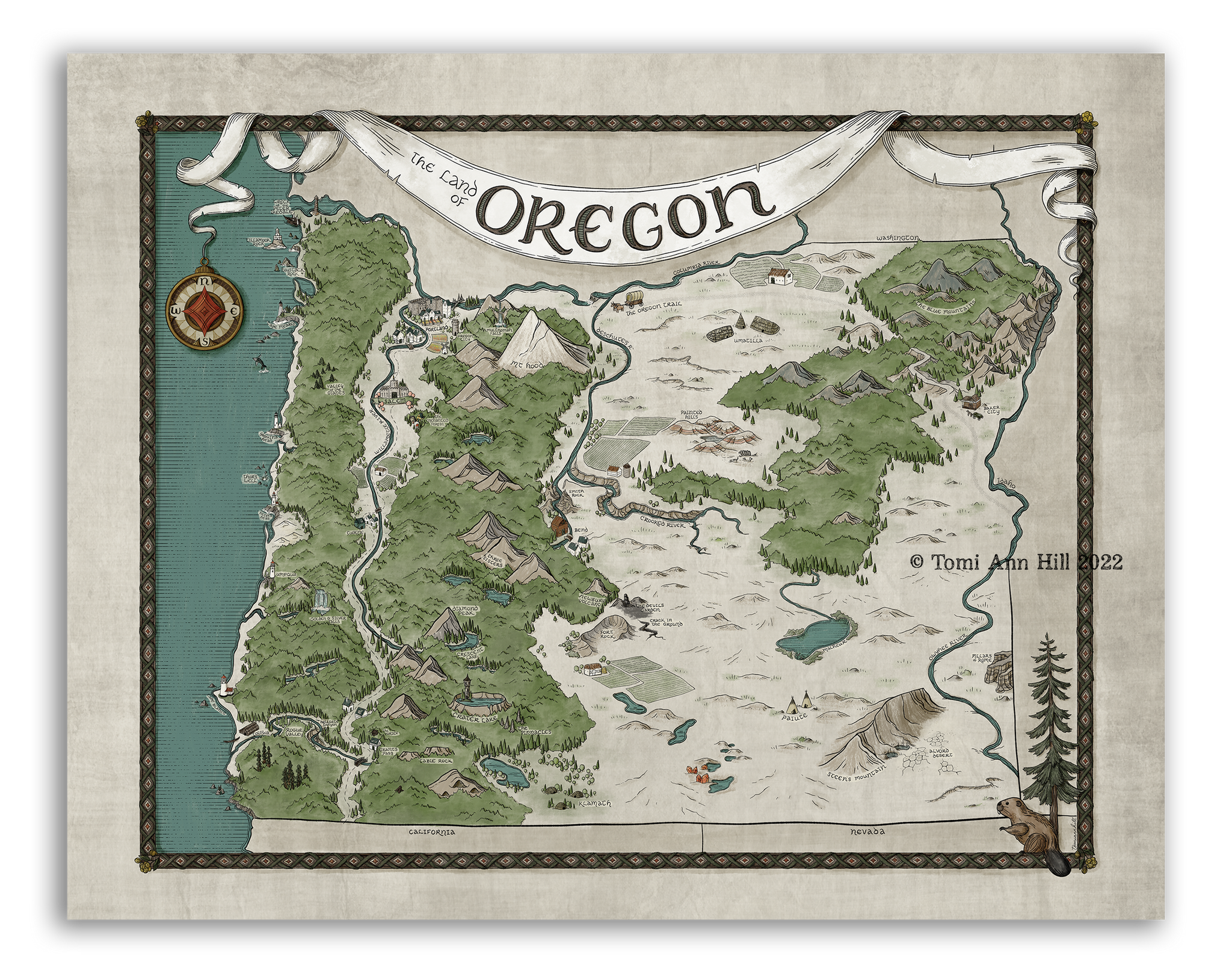 Oregon Map - Hand-drawn fantasy map of Oregon - 11x14 or 16x20 print