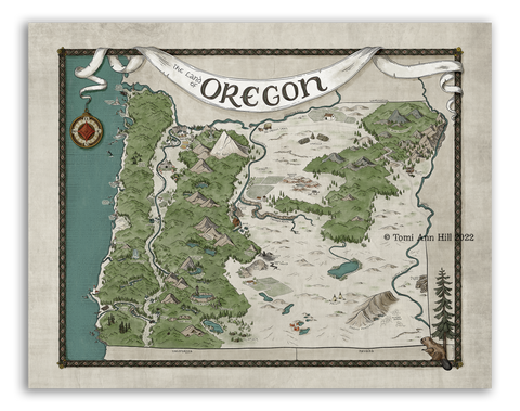 Oregon Map - Hand-drawn fantasy map of Oregon - 11x14 or 16x20 print
