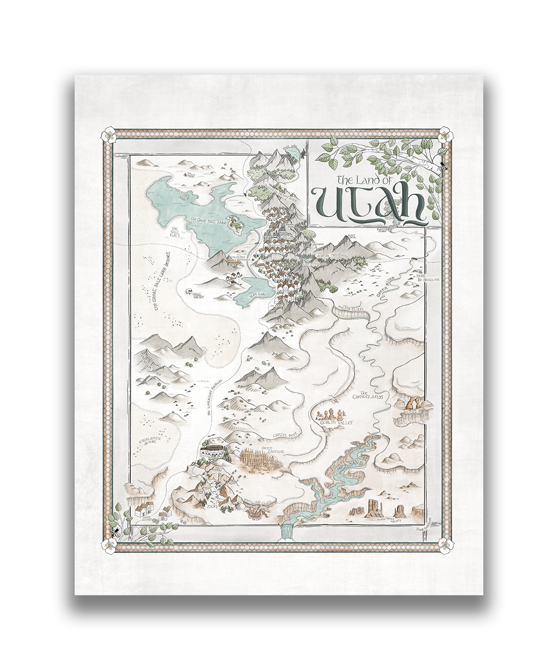 Utah Map - Hand-drawn fantasy map of Utah - 11x14  or 16x20 print