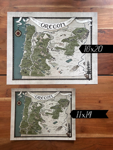 Oregon Map - Hand-drawn fantasy map of Oregon - 11x14 or 16x20 print