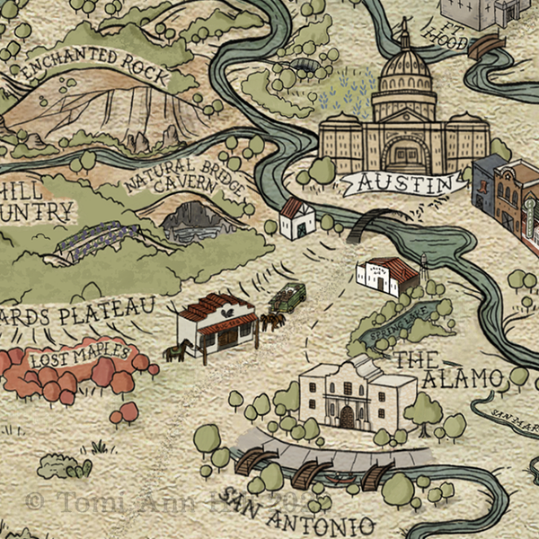 Texas Map - Hand-drawn fantasy map of Texas - 11x14  or 16x20 print
