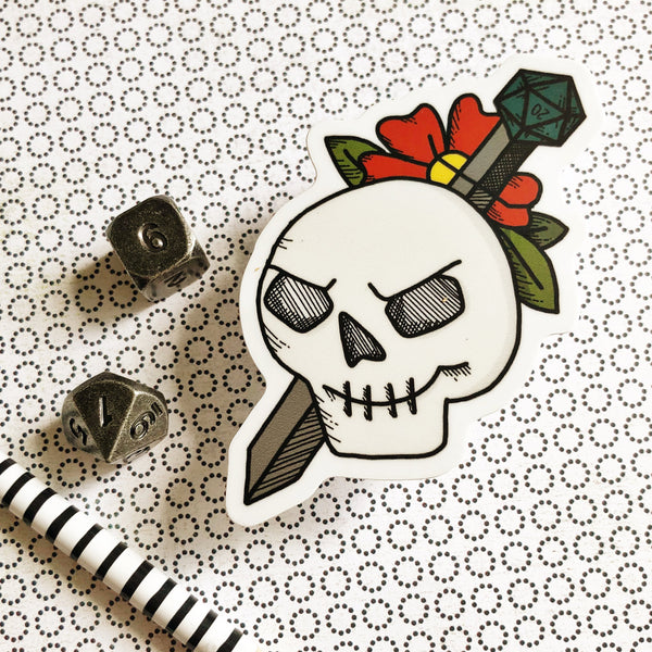 Skull with d20 Sword - tattoo flash style vinyl sticker - waterproof, UV-proof