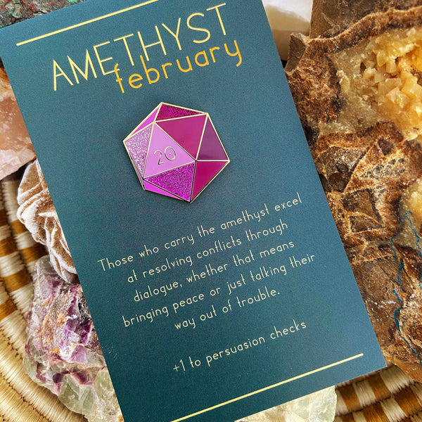 Amethyst d20 - February birthstone - D&D/RPG enamel pin