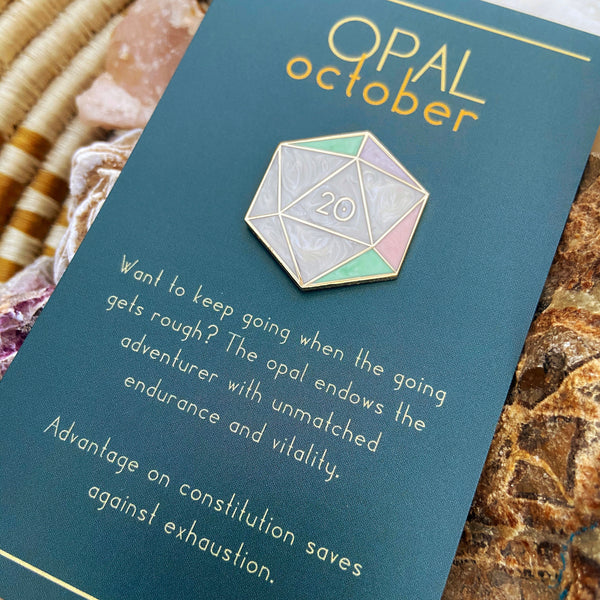Opal d20 - October birthstone - D&D/RPG enamel pin