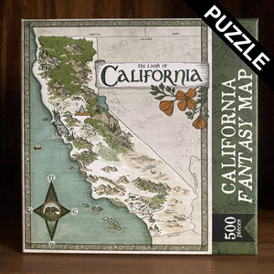 Image shows a 500 piece puzzle with a hand-drawn fantasy-style map of California