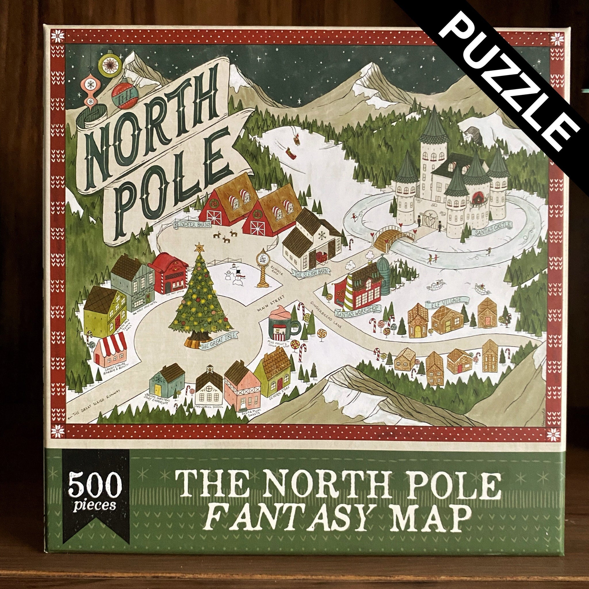 Image shows a 500 piece puzzle with a hand-drawn fantasy-style map of the North Pole at Christmas