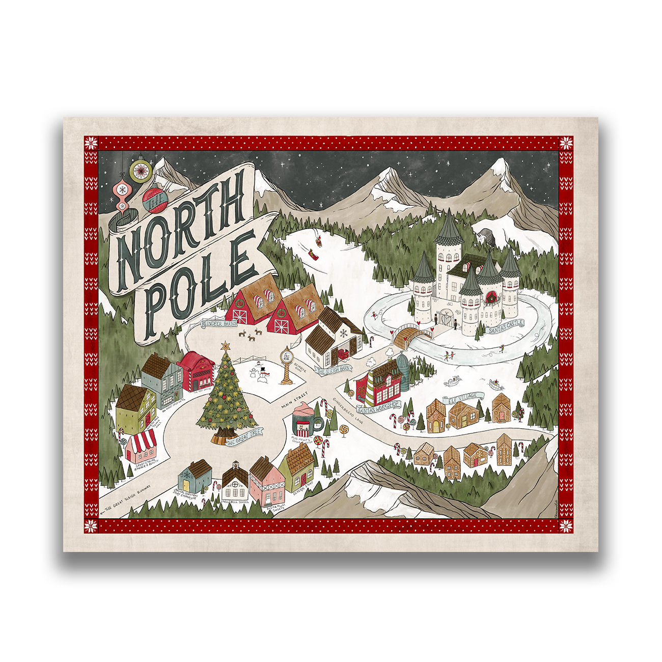 North Pole Fantasy Map - Hand-drawn fantasy map of the North Pole - 11x14  or 16x20 print