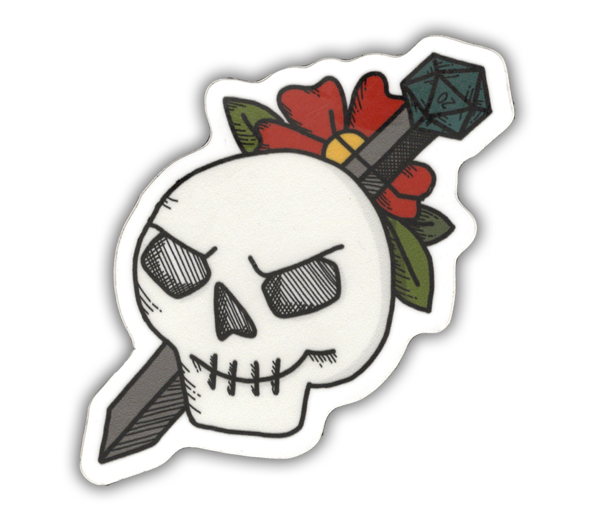 Skull with d20 Sword - tattoo flash style vinyl sticker - waterproof, UV-proof